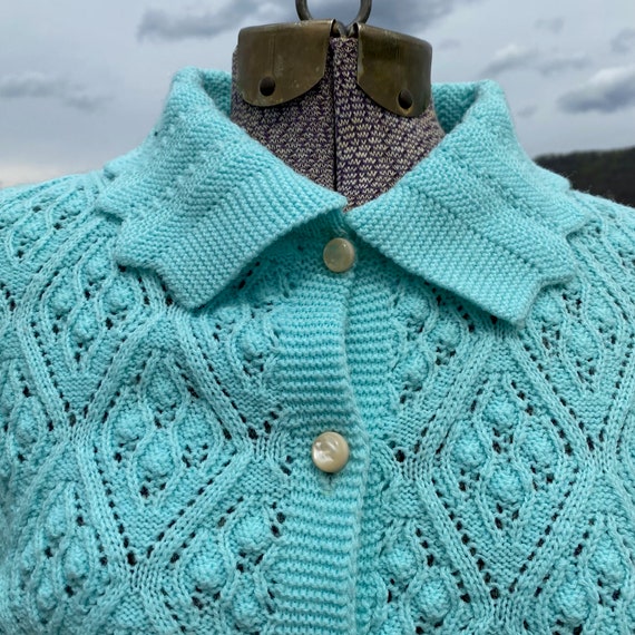 Vintage 1960s Cuddle Knit Teal Blue Cardigan Butt… - image 3