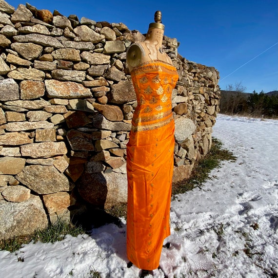 Vintage 1960s Orange Silk Gold Lame Goddess Strap… - image 3