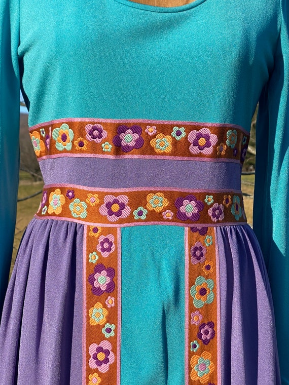 1970s Flower Child Blue Purple Vintage Maxi Dress… - image 3