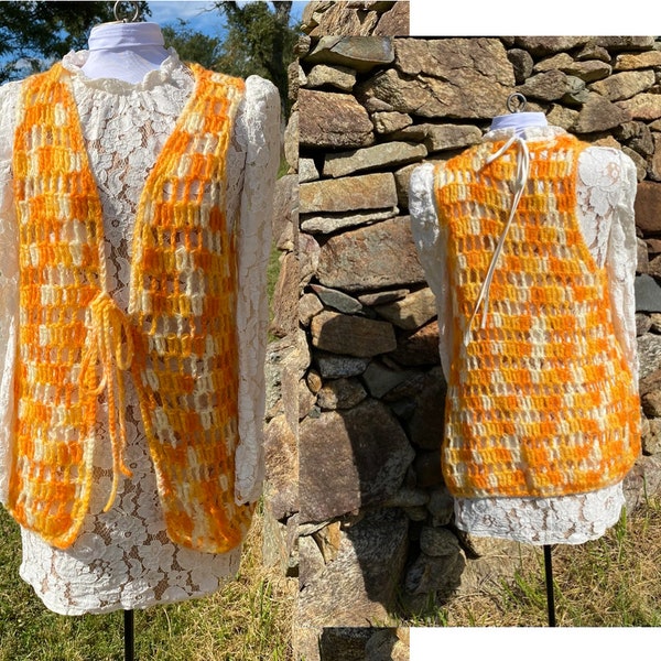 Vintage 1970s Orange and White Hand Crochet Vest - Waistcoat Sunset Creamsicle Melon Handmade Retro Boho Hippie Fall Autumn Colors