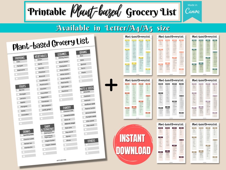 PRINTABLE Plant-based Grocery List Vegan Vegetarian Meal | Etsy