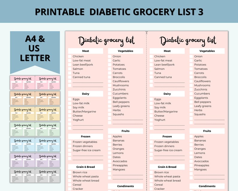 Printable Diabetic Grocery Food List, Weekly Planner, Diabetes Shopping