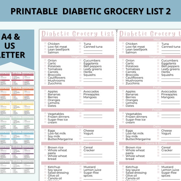 Druckbare Lebensmittelliste für Diabetiker, Wochenplaner, Diabetes-Einkaufsliste, Diät-Gesundheitsplaner, Fitnessplaner, PDF, Sofortiger Download