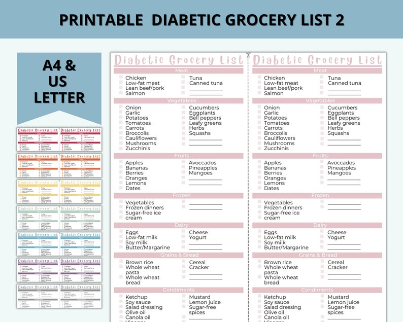 Printable Diabetic Grocery Food List, Weekly Planner, Diabetes Shopping