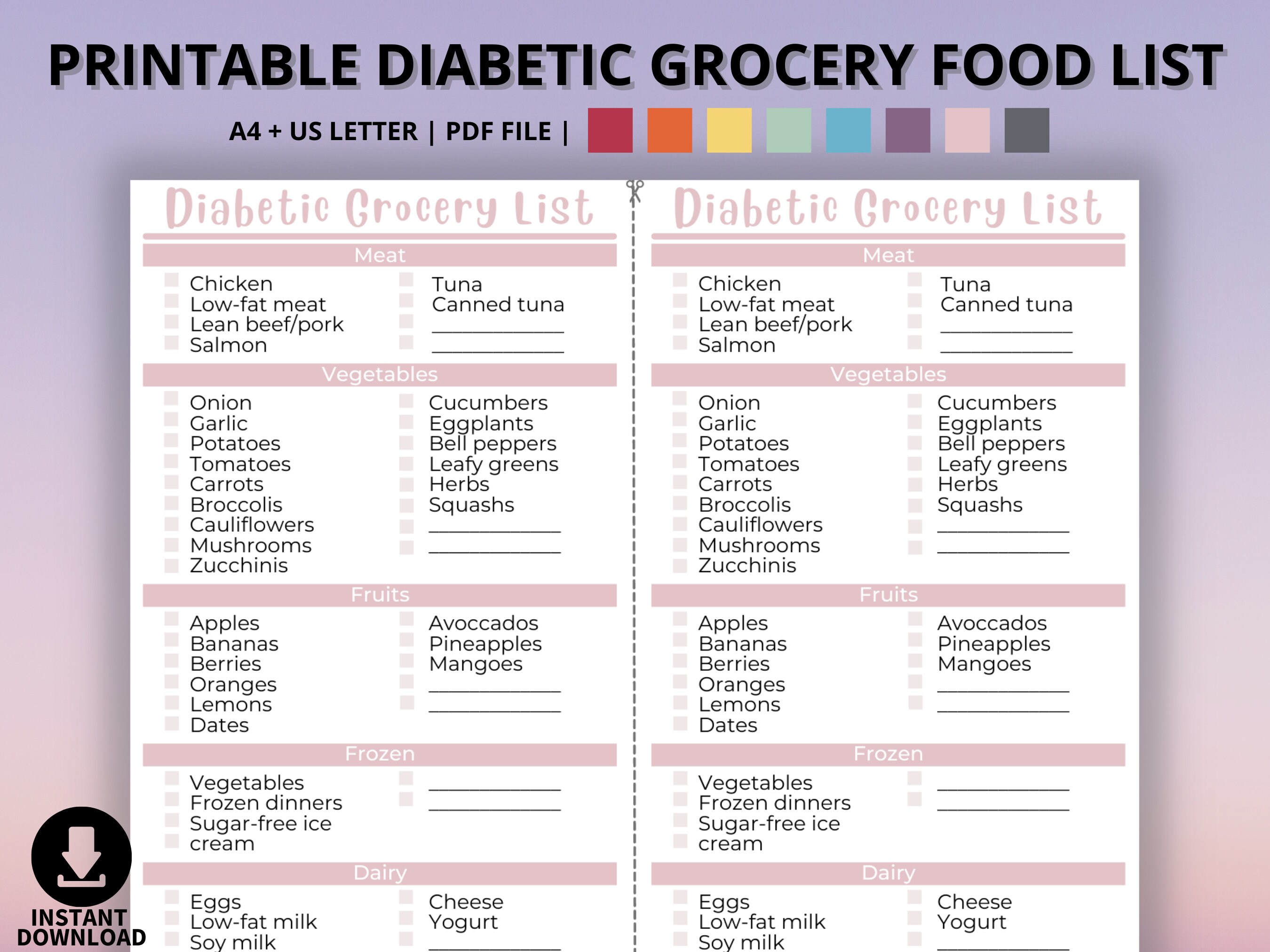 printable diabetic grocery food list weekly planner diabetes etsy