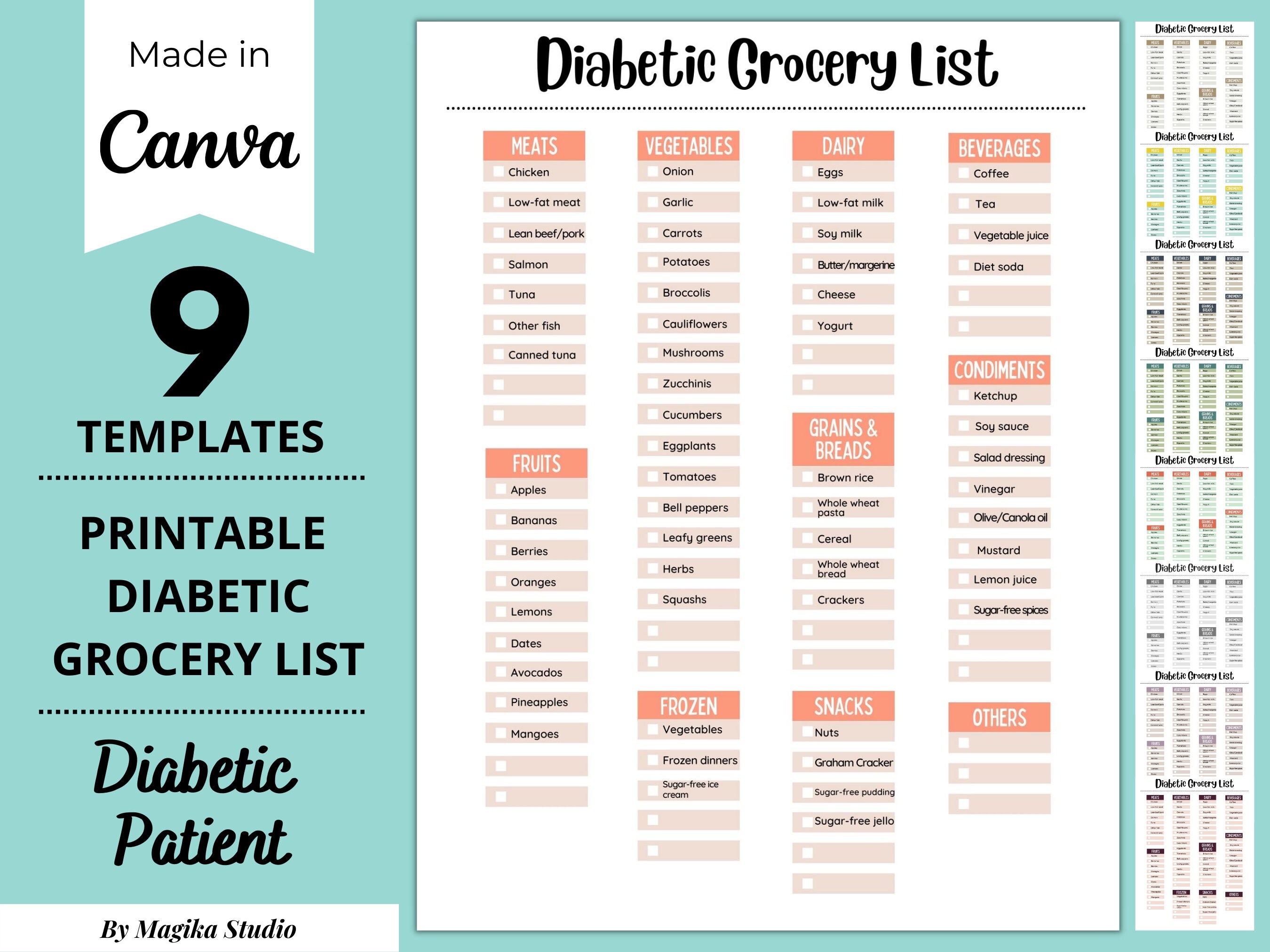 9 printable diabetic grocery food list weekly planner etsy