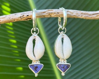 Boulder Opal, Cowrie Shell and Sterling Silver hoop earrings