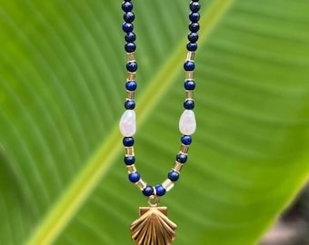 Lapis Lazuli and Freshwater Pearl necklace with Brass Shell charm