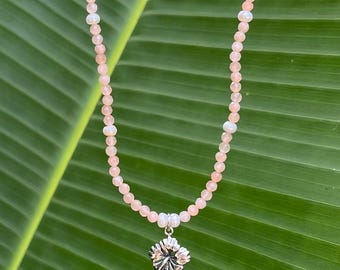 Faceted Sunstone, Sterling Silver Hibiscus and Freshwater Pearl necklace