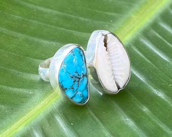 Kingman Turquoise, Cowrie Shell and Sterling Silver adjustable ring