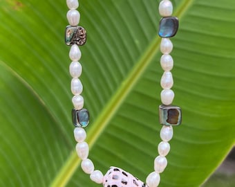Paua Shell, Hebrew cone and Pearl necklace