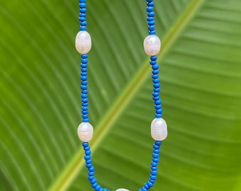 Glass seed beads, freshwater pearls and sterling silver beaded necklace