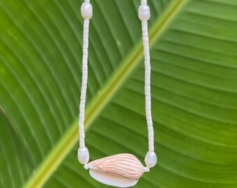 Striped Volute Shell and Freshwater Pearl necklace