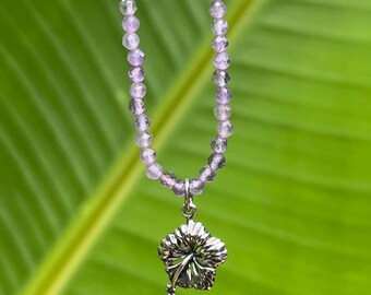 Faceted Amethyst and Sterling silver hibiscus beaded necklace