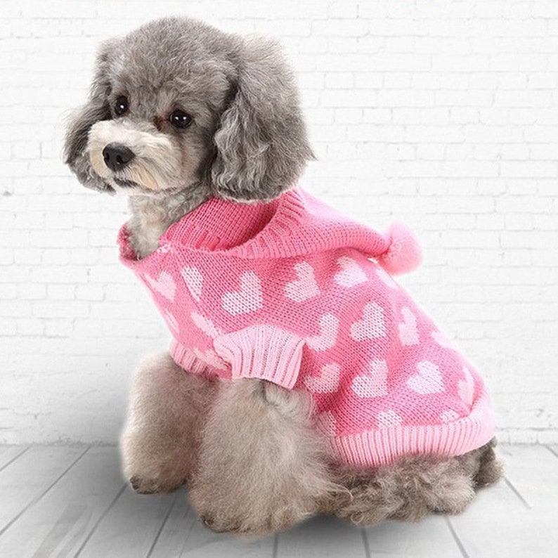Dog Jumper with Hood Cute Love Knit Warm Pet Winter Outfits Dog Sweater Clothes image 1