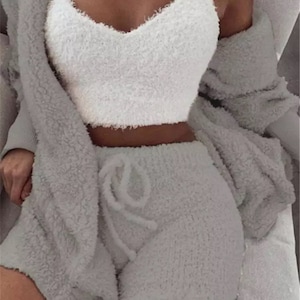 Casual 3-Piece Loungewear set.  Fluffy Velvet Hooded Cardigan + Shorts + Crop Top. Spring & Summer 2022!