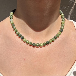 Natural Jade Beaded Necklace 8mm Smooth Round Green Gemstone Jewelry | Healing Jade Necklace | Gift for Her | Green Stone Necklace for Women