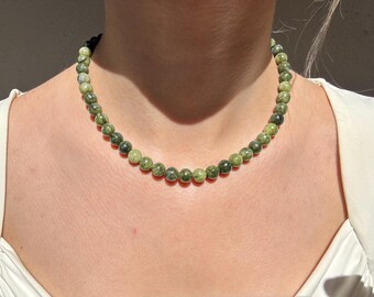 Lunga Collana Di Perle In Giada Verde Naturale – 6mm – Pietra Preziosa Rotonda – Gioiello Elegante Da Donna – Regalo Idea