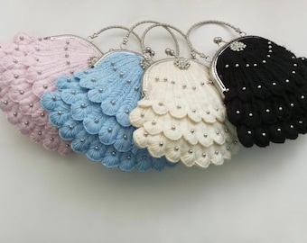 Peacock Crochet Bag, Handmade Knit Purse, Unique Evening Clutch, Metal Frame Handbag, Luxury Gift for Her, Statement Layered Scallop Clutch