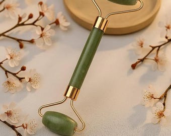 Rodillo de piedra de jade verde natural de la más alta calidad: antienvejecimiento, drenaje linfático y Gua Sha (regalo)