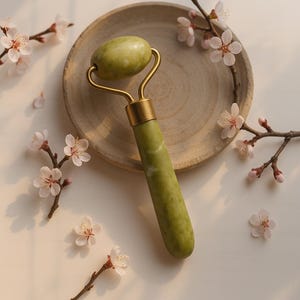Puede incluir: Un rodillo facial de jade verde con un mango dorado descansa sobre un plato de madera, rodeado de delicadas flores de cerezo blancas y rosas. El rodillo está diseñado para rutinas de cuidado de la piel y belleza.