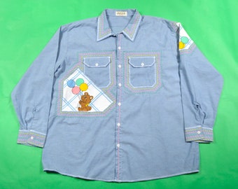 80er Upcycled Teddybär Shirt Chambray Damen 3x Plus Size