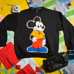 Upcycled Mickey Mouse Sweatshirt 1X-2X Crew Neck Plush Black Applique