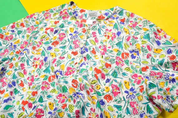 80s Floral Blouse 2X Elastic Waistband Short Slee… - image 2