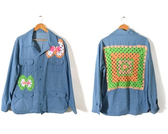Crochet Denim Shirt XXL Upcycled Butterfly Granny Square Upcycled