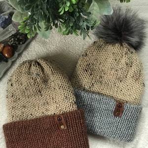 Earthy Alice Teen Adult Knit Brimmed Beanie Tweed Neutral Brown Gray Winter Hat Faux Fur Pom Faux Leather Peace Sign Tag