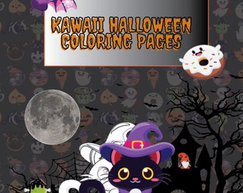 Puede incluir: Un gato negro con un sombrero de bruja morado está sentado en una calabaza de Halloween. El gato tiene un collar de calavera y grandes ojos redondos. El fondo es gris oscuro con un patrón de iconos de temática de Halloween. El texto "Kawaii Halloween Coloring Pages" está en la parte superior de la imagen.