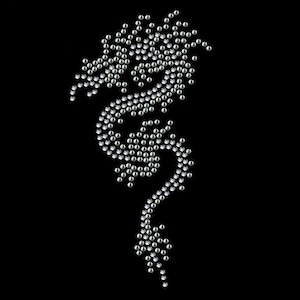 Könnte beinhalten: Ein silbernes Strass-Drachen-Design. Der Drache ist zusammengerollt, mit dem Kopf zur rechten Seite des Bildes.