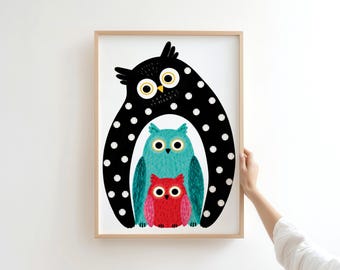 Whimsical Owl Family Print – Colorful Folk Art Nursery Decor (Digital Download)