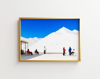 Ski Lodge Mountain Poster Set, Minimalist Winter Wall Art, Alpine Ski Resort Print, Snow Landscape Decor, 5 Variants