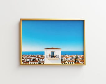 Mediterranean Balcony Print – Coastal Couple Ocean View Landscape (Digital Download)