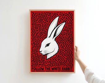 White Rabbit Poster, Follow the White Rabbit Print, Maze Wall Art, Surreal Red Black Decor, Printable Quote Wall Art - Digital Download