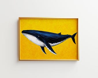 Humpback Whale Poster – Yellow Ocean Animal Art Print (Digital Download)