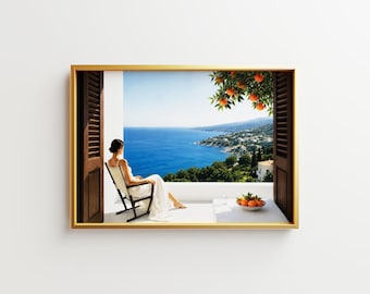 Mediterranean Window View Print, Coastal Woman Poster, Orange Tree Sea View Wall Art, Peaceful Moment Decor