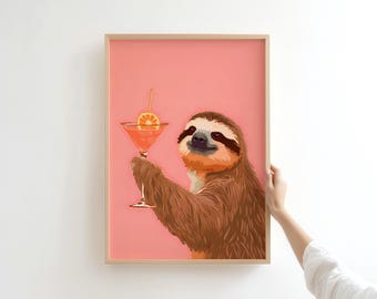 Cocktail Sloth Print – Pink Tropical Animal Wall Art (Digital Download)
