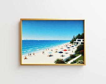 Mediterranean Beach Villa Print, Coastal Seaside Art (Digital Download)