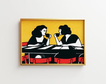 Coffee Girls Poster, Cafe Conversation Wall Art, Retro Women Coffee Print, Minimal Kitchen Decor, Printable Friendship Artwork Gift