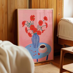 Bold Poppies and Coffee Art Print I Colorful Flower Vase Poster I Kitchen Wall Decor I Digital Print I Red Poppies Wall Art I Floral Poster