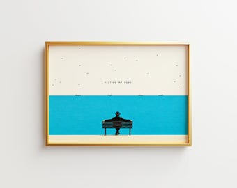 Resting My Bones Print, Minimalist Coastal Bench Art (Digital Download)