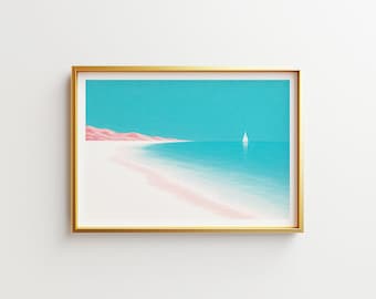 Pastel Coastal Beach Print Set – Turquoise Ocean, Pink Sand Sailboat Art (Digital Download)