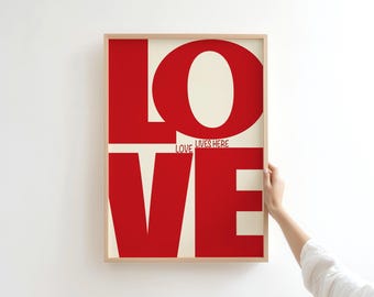 LOVE LIVES HERE Red Typography Print – Minimalist Romantic Wall Art (Digital Download)