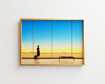 Airport Waiting Poster, Mid Century Woman with Suitcase Print (Digital Download)
