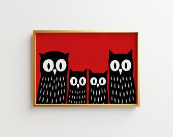 Whimsical Owl Family Art Print – Hand-Painted Folk Style, 5 Color Variations (Digital Download)