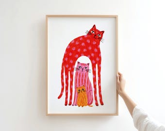 Folk Art Cat Family Print – Whimsical Nursery Wall Art (Digital Download)