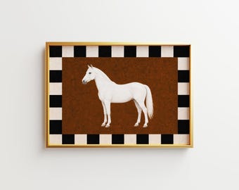 White Horse Poster - 4 Color Options - Equestrian Poster, Checkered Border Print, Colorful Animal Decor, Horse Lover Gift, Printable Art