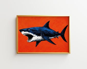 White Shark Art Print – Navy Blue Shark, Orange Coastal Wall Art (Digital Download)